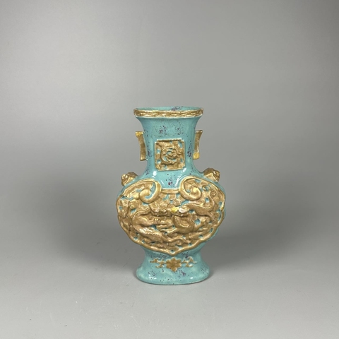 古玩陶瓷古銅彩堆塑龍紋盤口瓶真品鑒賞圖