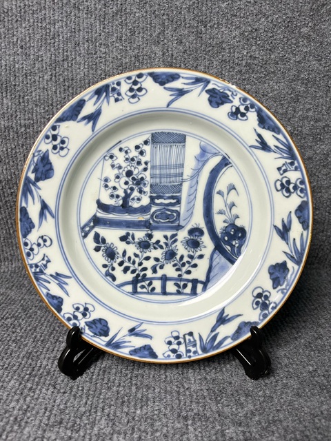 古玩陶瓷青花庭院花卉紋盤拍賣，當前價格564元