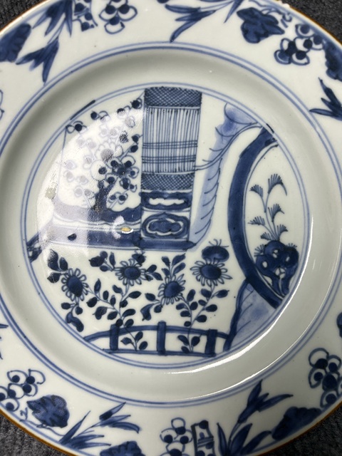 古玩陶瓷青花庭院花卉紋盤拍賣，當前價格564元