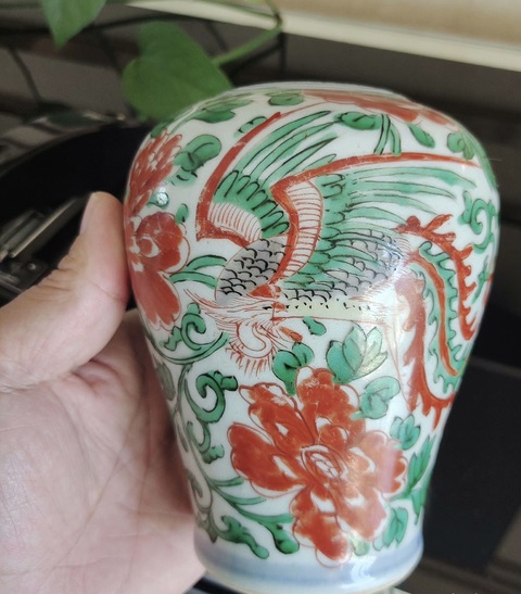 古玩陶瓷紅綠彩鳳凰牡丹花紋截口瓶真品鑒賞圖