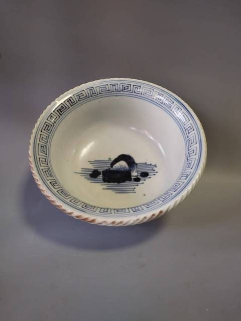 古玩陶瓷青花山水折沿碗真品鑒賞圖