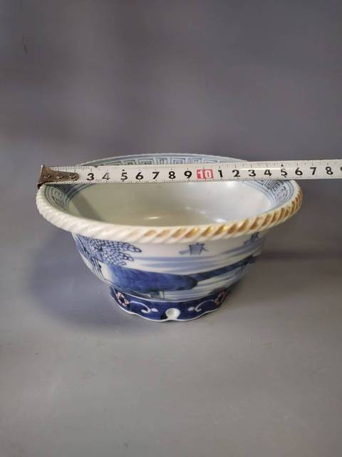 古玩陶瓷青花山水折沿碗真品鑒賞圖
