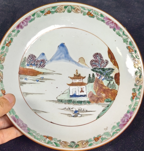 古玩陶瓷清雍-紫金釉粉彩山水人物盤拍賣,當前價格3699元