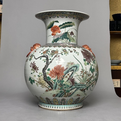 古玩陶瓷粉彩花卉紋雙耳大口尊真品鑒賞圖