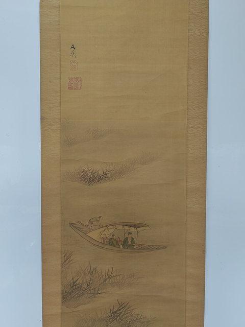 古玩字畫船人游江圖 (對幅)真品鑒賞圖