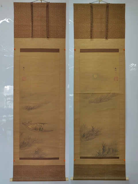 古玩字畫船人游江圖 (對幅)真品鑒賞圖