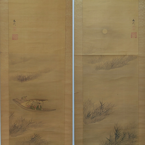 古玩字畫船人游江圖 (對幅)真品鑒賞圖