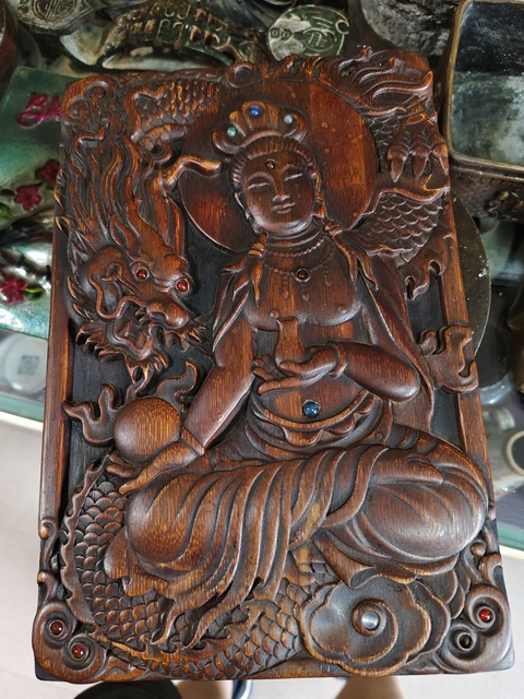 古玩雜項木雕坐龍觀音掛屏真品鑒賞圖