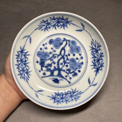 古玩陶瓷明·嘉靖·青花松竹梅紋臥盤（官）拍賣，當前價格45000元