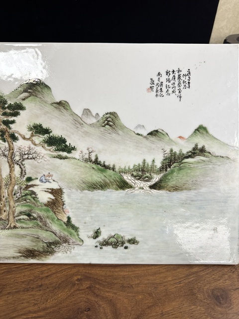 古玩陶瓷民國(guó)粉彩山水人物瓷板拍賣,當(dāng)前價(jià)格8800元
