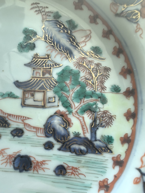 古玩陶瓷康熙青花五彩山水人物盤帶保真卡拍賣，當前價格2200元