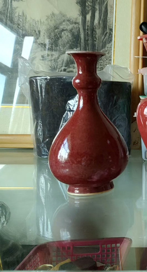 古玩陶瓷50年代左右紅釉蒜頭瓶真品鑒賞圖