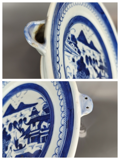 古玩陶瓷清乾隆-青花山水人物高足溫盤拍賣，當前價格2699元