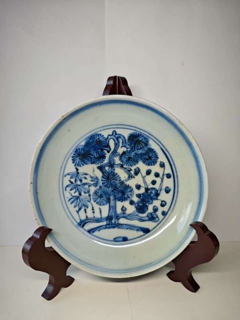 古玩陶瓷青花歲寒三友盤真品鑒賞圖