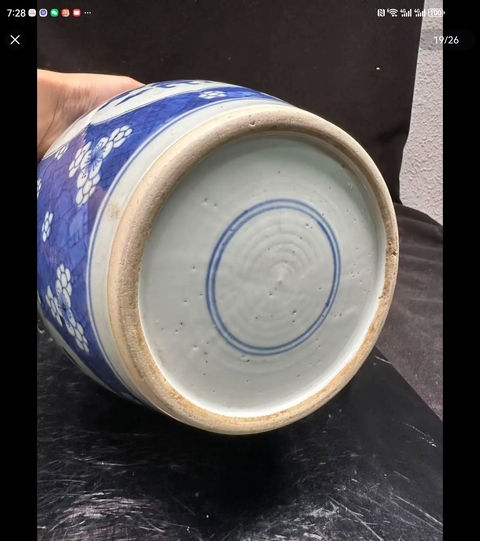 古玩陶瓷青花留白冰梅紋開光博古圖罐真品鑒賞圖