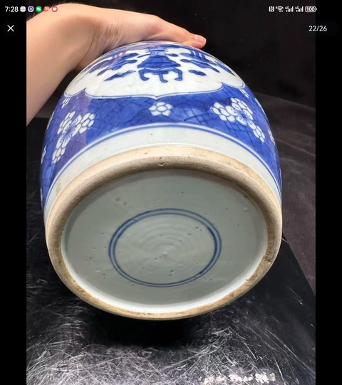 古玩陶瓷青花留白冰梅紋開光博古圖罐真品鑒賞圖