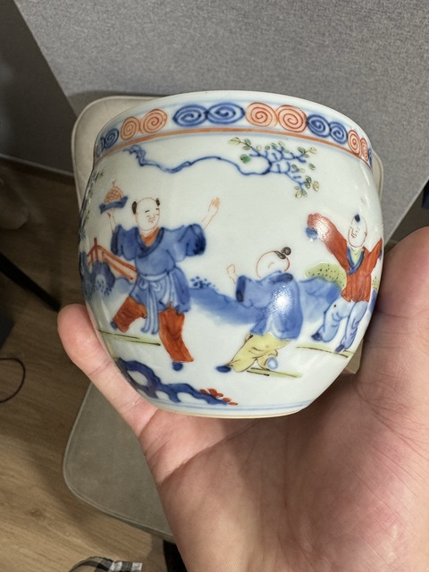 古玩陶瓷青花五彩嬰戲紋缸真品鑒賞圖
