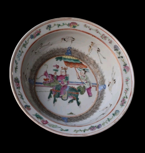 古玩陶瓷麒麟送子折沿盆真品鑒賞圖