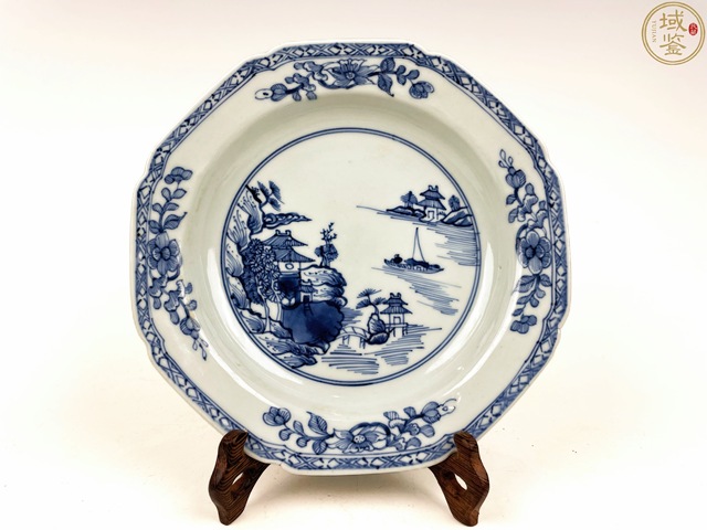 古玩陶瓷乾隆青花泛舟八方盤真品鑒賞圖