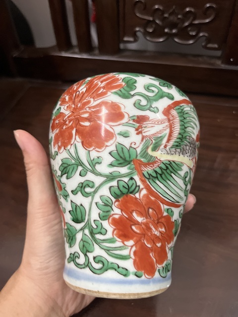 古玩陶瓷明末清初紅綠彩鳳凰穿花茶葉罐拍賣，當前價格19800元