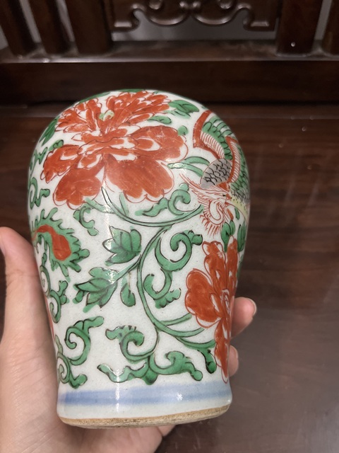 古玩陶瓷明末清初紅綠彩鳳凰穿花茶葉罐拍賣，當前價格19800元