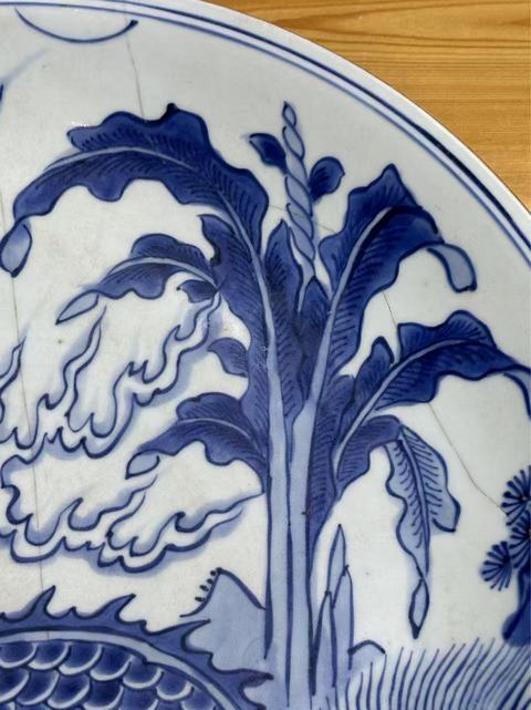 古玩陶瓷雙藍圈玉堂佳器款芭蕉麒麟紋青花盤真品鑒賞圖