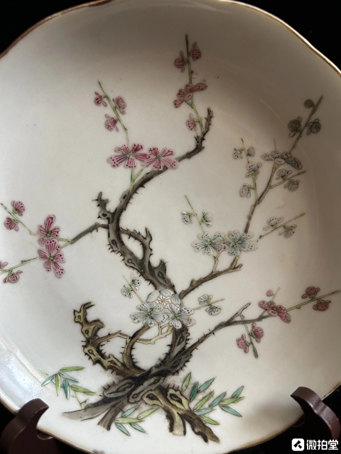 古玩陶瓷清道光 粉彩梅竹雙清盤真品鑒賞圖