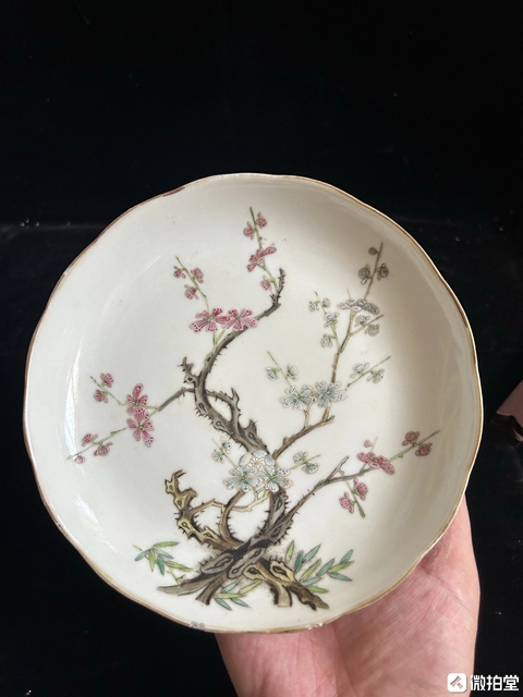 古玩陶瓷清道光 粉彩梅竹雙清盤真品鑒賞圖