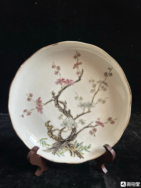 古玩陶瓷清道光 粉彩梅竹雙清盤真品鑒賞圖