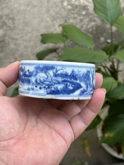古玩陶瓷樓臺亭閣山水紋青花硯真品鑒賞圖