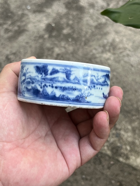 古玩陶瓷樓臺亭閣山水紋青花硯真品鑒賞圖