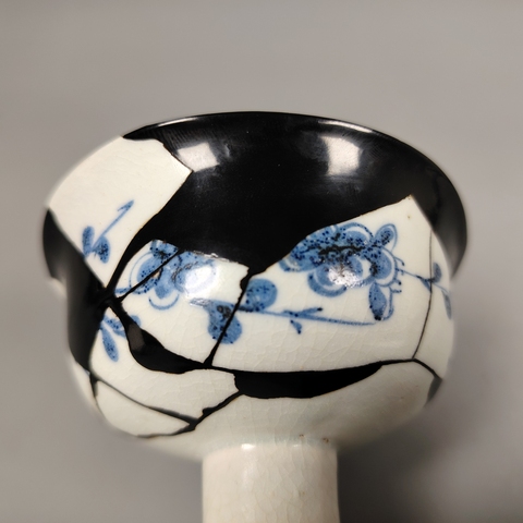 古玩陶瓷元青花印花高足杯，修復(fù)的挺好真品鑒賞圖