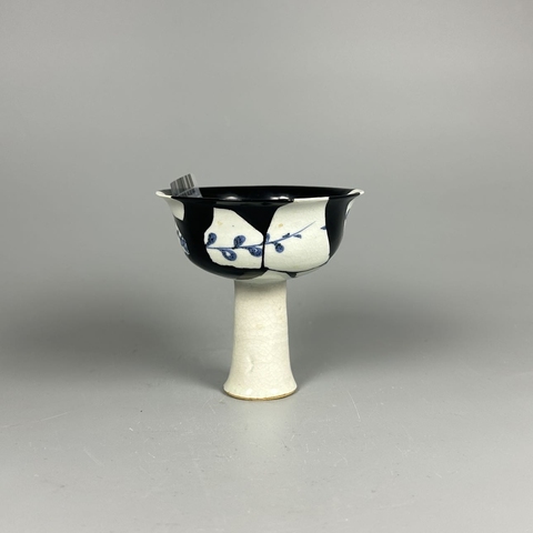 古玩陶瓷元青花印花高足杯，修復(fù)的挺好真品鑒賞圖