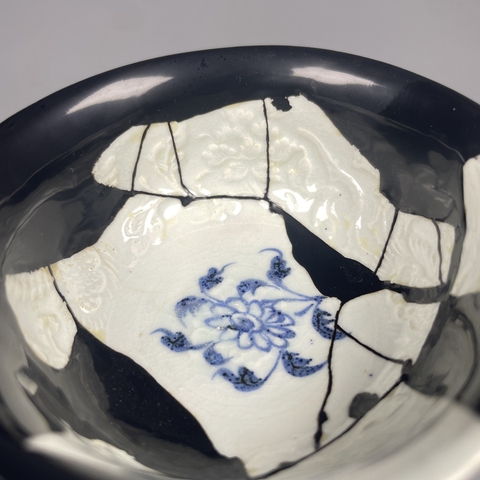 古玩陶瓷元青花印花高足杯，修復(fù)的挺好真品鑒賞圖