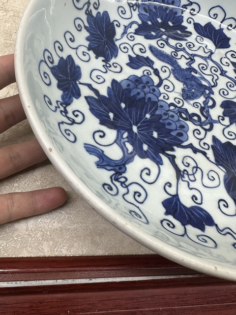 古玩陶瓷清康熙青花松鼠葡萄紋臥盤拍賣,當前價格20000元