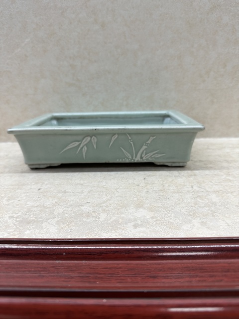 古玩陶瓷豆青釉堆白花卉四方水仙盆真品鑒賞圖