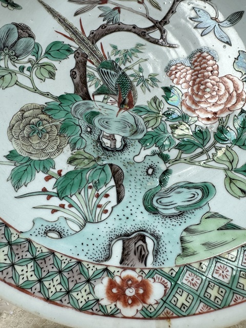 古玩陶瓷清晚·五彩錦雞牡丹紋大盤(pán)（尺寸碩大）拍賣(mài)，當(dāng)前價(jià)格8999元