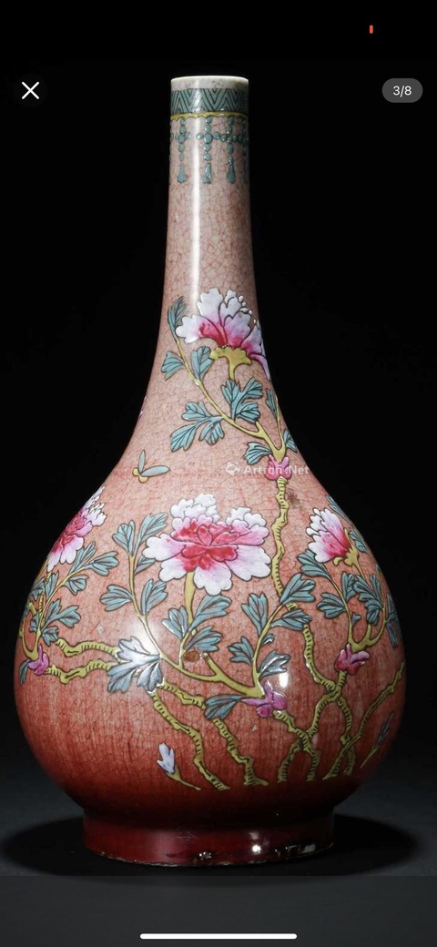 古玩陶瓷郎紅釉粉彩錐把瓶真品鑒賞圖