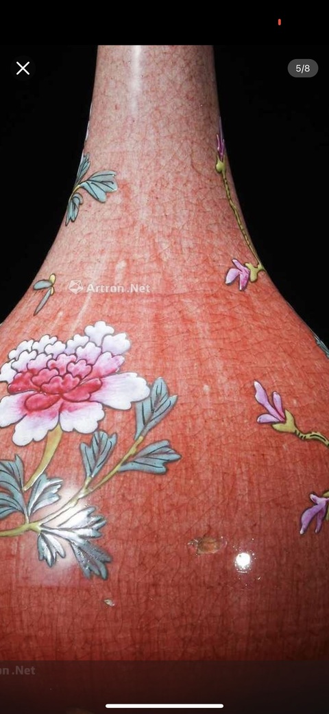 古玩陶瓷郎紅釉粉彩錐把瓶真品鑒賞圖