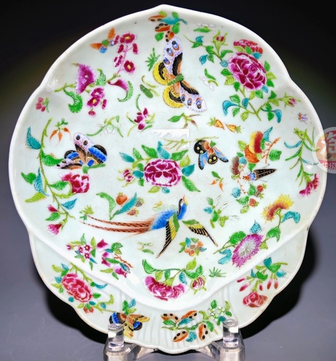 古玩陶瓷豆青釉廣彩花鳥蝶紋盤真品鑒賞圖