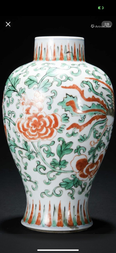 古玩陶瓷五彩鳳穿牡丹紋雞腿瓶真品鑒賞圖