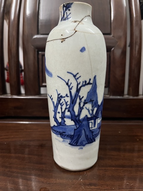 古玩陶瓷順治山水紋青花一筒瓶拍賣，當前價格7000元