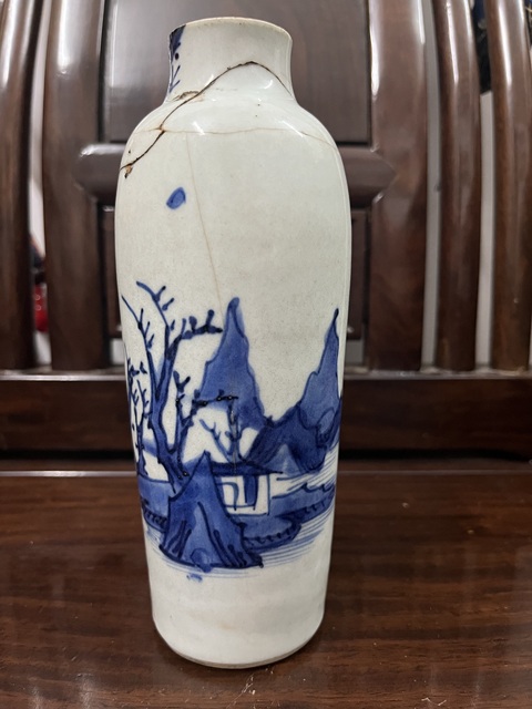 古玩陶瓷順治山水紋青花一筒瓶拍賣，當前價格7000元