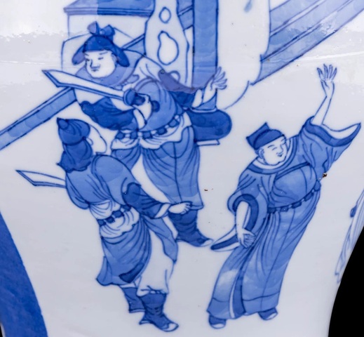 古玩陶瓷灑藍釉青花人物故事花觚真品鑒賞圖