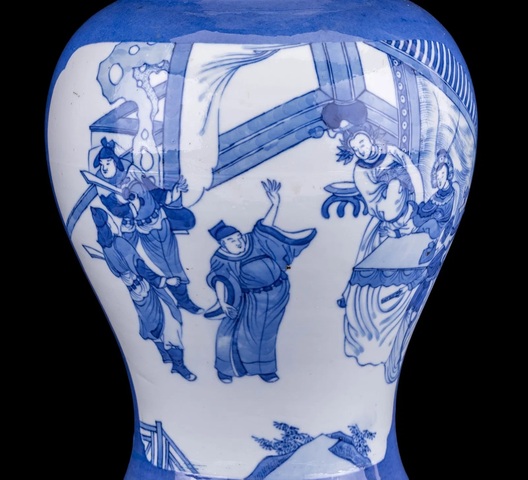 古玩陶瓷灑藍釉青花人物故事花觚真品鑒賞圖
