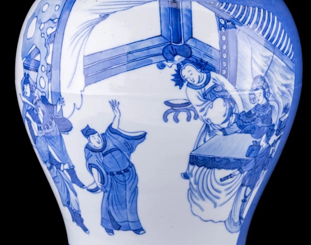 古玩陶瓷灑藍釉青花人物故事花觚真品鑒賞圖