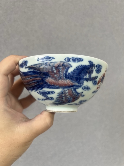 古玩陶瓷青花釉里紅龍鳳紋蓮子碗真品鑒賞圖