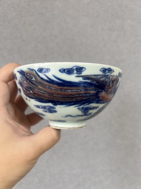 古玩陶瓷青花釉里紅龍鳳紋蓮子碗真品鑒賞圖