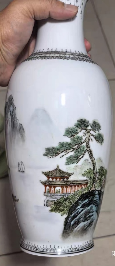 古玩陶瓷創匯期世寧款 山水紋盤口瓶拍賣,當前價格588元