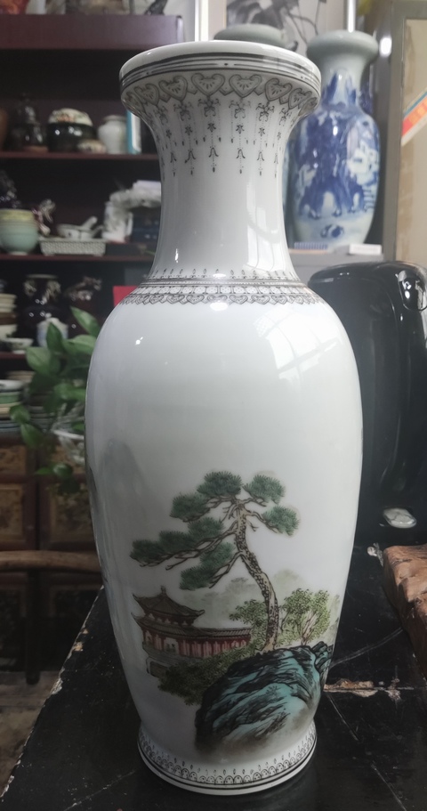 古玩陶瓷創匯期世寧款 山水紋盤口瓶拍賣,當前價格588元